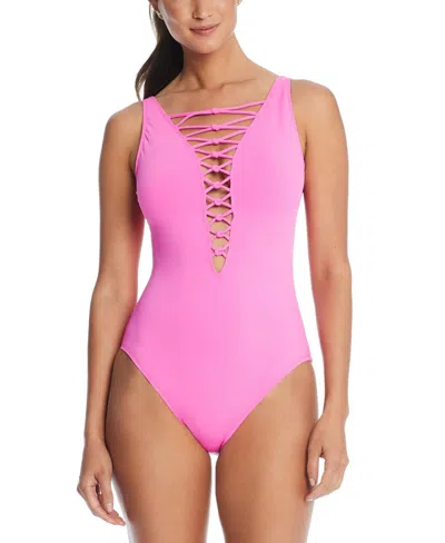 Bleu By Rod Beattie Let's Get Knotty Lace Down One-piece Swimsuit In Castro Pink