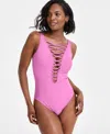 Bleu By Rod Beattie Rod Beattie Let's Get Knotty Lace Down One-piece Swimsuit In Castro Pink