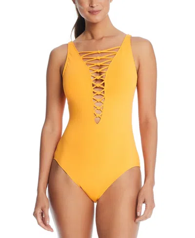 Bleu By Rod Beattie Let's Get Knotty Lace Down One-piece Swimsuit In Sunset Boulevard
