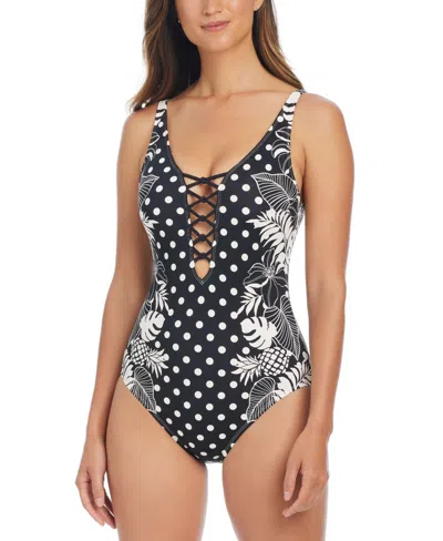Bleu By Rod Beattie Women's Double-trouble Polka-dot Lace-down One-piece Swimsuit In Black