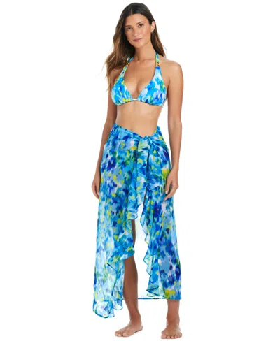 Bleu By Rod Beattie Women's Life's A Beach Printed Ruffled Chiffon Sarong Cover Up In Cool