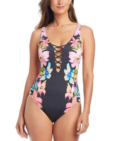 Bleu By Rod Beattie Women's Sweet Escape Floral-print Lace-down One-piece Swimsuit In Multi