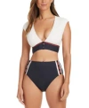 Bleu Rod Beattie Womens Button Down Cap Sleeve Cropped Bikini Top High Waisted Bottoms In Coconut