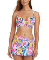 Bleu By Rod Beattie Womens Living Color Over The Shoulder Molded Cup Bikini Top Printed Swim Skirt Bottom In Multi