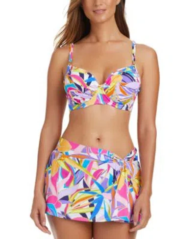 Bleu By Rod Beattie Womens Living Color Over The Shoulder Molded Cup Bikini Top Printed Swim Skirt Bottom In Multi