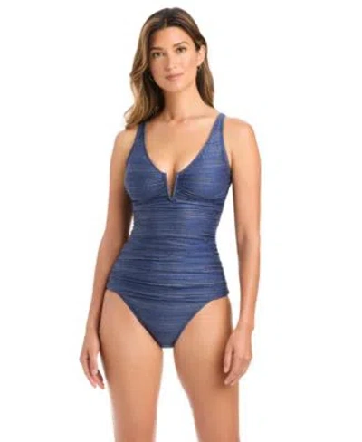 Bleu Rod Beattie Draft Bleu By Rod Beattie Womens Shimmer V Neck Tankini Top Ruched Hipster Bottoms In Blue