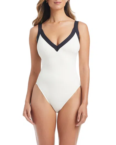 Bleu Rod Beattie Plunge Neck Cross Back One Piece Swimsuit In Neutral