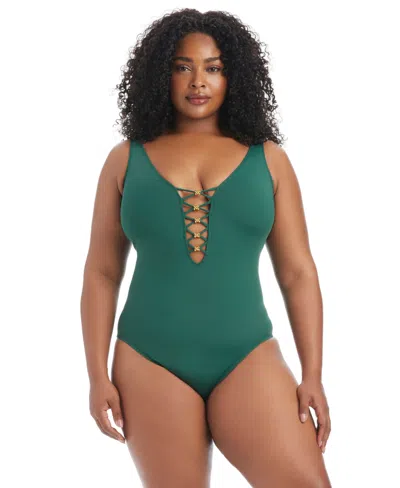 Bleu Rod Beattie Plus Size Lets Get Knotty Full Coverage One-piece Swimsuit In Green