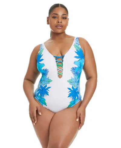 Bleu Rod Beattie Plus Size Leys Get Knotty Lace-down V-neck One Piece Swimsuit In Multi