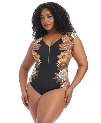 Bleu Rod Beattie Plus Size Moddy Blooms Full Coverage One-piece Swimsuit In Black