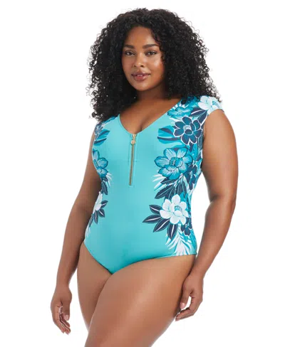 Bleu Rod Beattie Plus Size Moddy Blooms Full Coverage One-piece Swimsuit In Blue