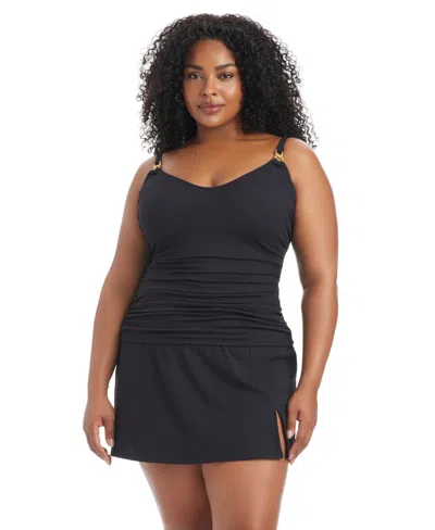 Bleu Rod Beattie Womens Plus Size Pique Ole Scoop Neck Tankini Swim Top High Waist Skirted Swim Bottoms In Black