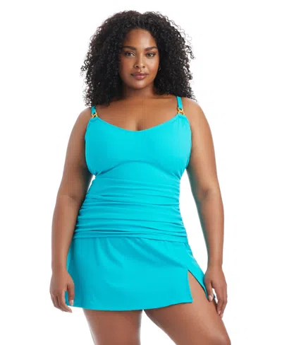 Bleu Rod Beattie Womens Plus Size Pique Ole Scoop Neck Tankini Swim Top High Waist Skirted Swim Bottoms In Blue