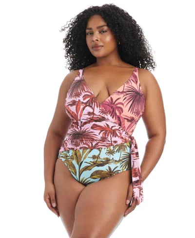 Bleu Rod Beattie Plus Size White Lotus Full Coverage Tie-knot Detail One-piece Swimsuit In Multi