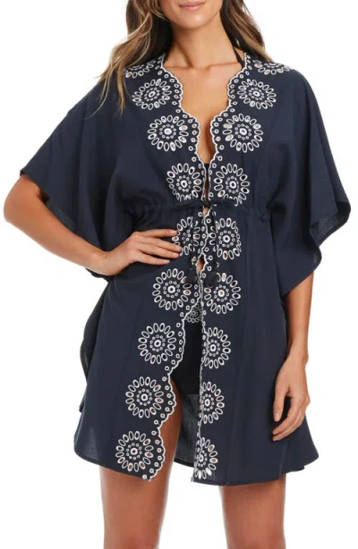 Bleu Rod Beattie Rod Beattie Eyelet Open Front Cover-up Caftan In Blue