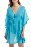 Bleu Rod Beattie Rod Beattie Fringe Trim Sheer Cover-up Caftan In Blue