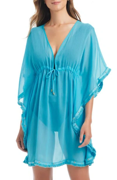 Bleu Rod Beattie Rod Beattie Fringe Trim Sheer Cover-up Caftan In Blue
