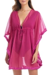 Bleu Rod Beattie Rod Beattie Fringe Trim Sheer Cover-up Caftan In Pink