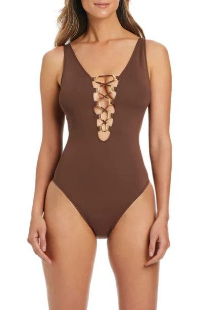 Bleu Rod Beattie Rod Beattie Lace Up One-piece Swimsuit In Animal Print