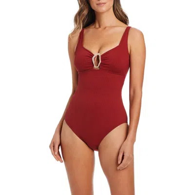 Bleu Rod Beattie Rod Beattie Ribbed Hardware One-piece Swimsuit In Red