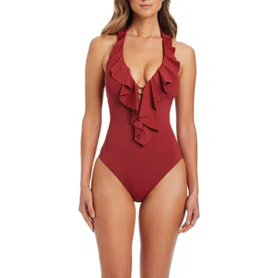 Bleu Rod Beattie Rod Beattie Ruffled Plunge Neck Halter One-piece Swimsuit In Burgundy