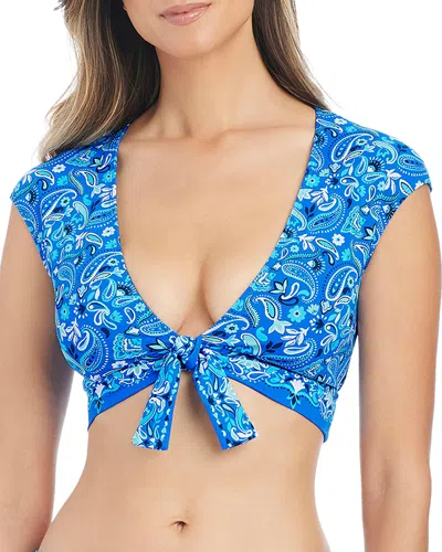 Bleu Rod Beattie Tie Front Cap Sleeve Swim Top In Blue