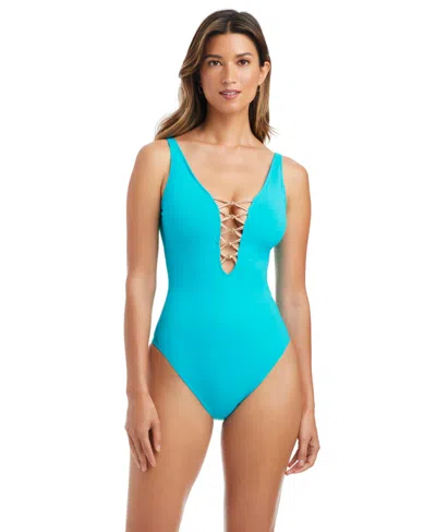 Bleu Rod Beattie Plus Size Leys Get Knotty Lace-down V-neck One Piece Swimsuit In Blue