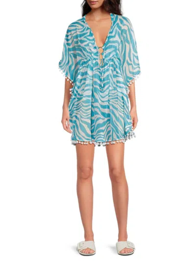 Bleu Rod Beattie Women's Pom-pom Trim Caftan Swim Coverup In Blue White