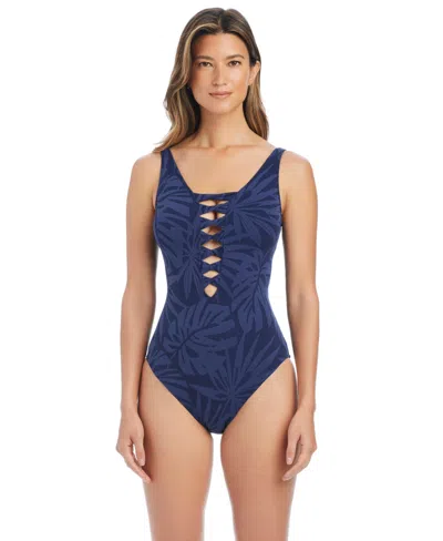 Bleu Rod Beattie Women's Printed Lace-front One-piece Swimsuit In Blue