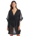 Bleu Rod Beattie Rod Beattie Fringe Trim Sheer Cover-up Caftan In Black