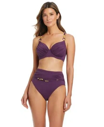 Bleu Rod Beattie Womens Beaded Strap Underwire Bikini Top High Rise Beaded Swim Bottoms In Purple