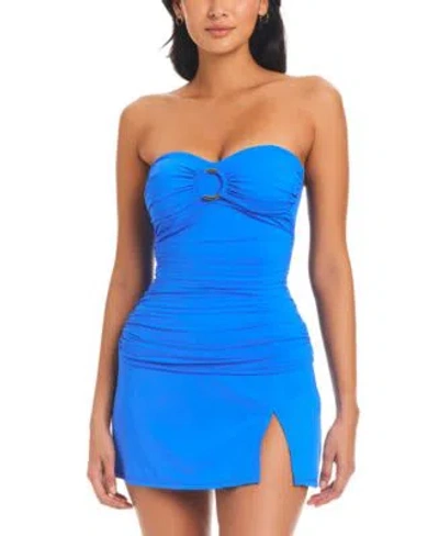 Bleu Rod Beattie Womens Draped Bandini Top High Waist Swim Skirt In Blue