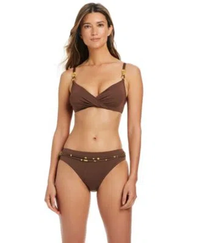 Bleu Rod Beattie Womens Draped Underwire Bikini Top Belted Hipster Swim Bottoms In Brown