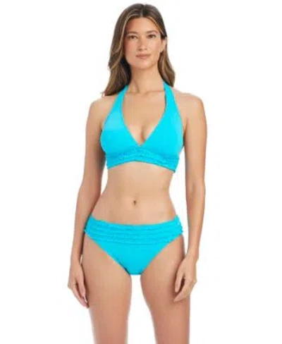 Bleu Rod Beattie Womens Rufflicious Halter Neck Swim Bikini Top Banded Bottoms In White