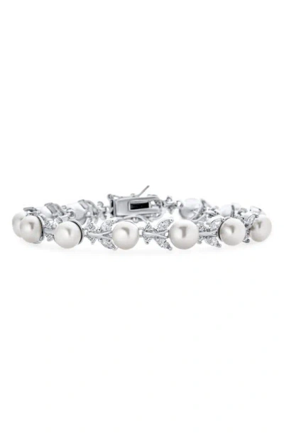 Bling Jewelry Bridal Flowers 6mm Cultured Freshwater Pearl & Cubic Zirconia Bracelet In Silver Leaf/ Small Pearl