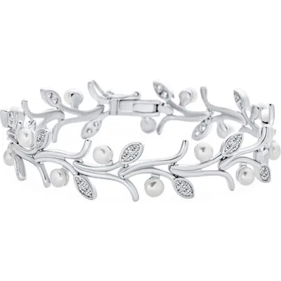 Bling Jewelry Bridal Flowers 6mm Cultured Freshwater Pearl & Cubic Zirconia Bracelet In Metallic