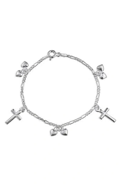 Bling Jewelry Cross & Heart Charm Chain Bracelet In Silver