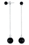 Bling Jewelry Rhodium Plated Sterling Silver Double Ball Linear Earrings In Silver/ Onyx