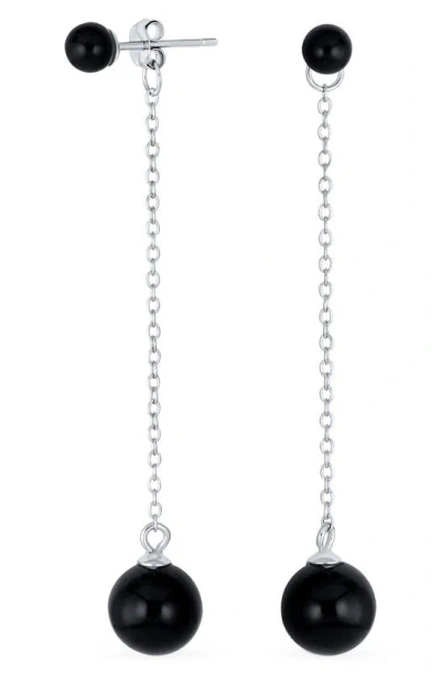 Bling Jewelry Rhodium Plated Sterling Silver Double Ball Linear Earrings In Silver/ Onyx