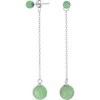 Bling Jewelry Rhodium Plated Sterling Silver Double Ball Linear Earrings In Silver/jade
