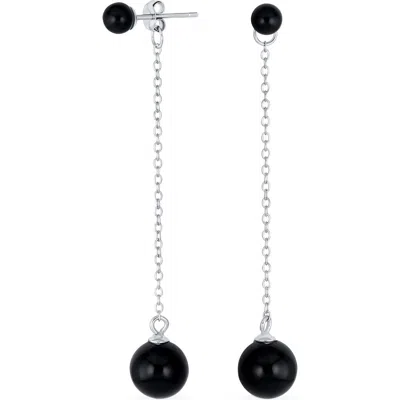 Bling Jewelry Rhodium Plated Sterling Silver Double Ball Linear Earrings In Silver/onyx