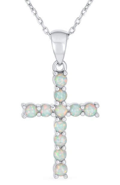 Bling Jewelry Rhodium Plated Sterling Silver Lab Created Opal Cross Pendant Necklace In Metallic