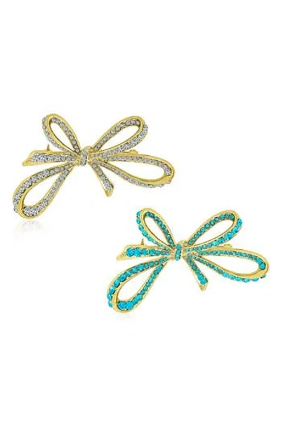 Bling Jewelry Set Of 2 Winter Wedding Bow Pins In Green