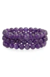 Bling Jewelry Set Of 3 Semiprecious Stone Beaded Stretch Bracelets In Purple