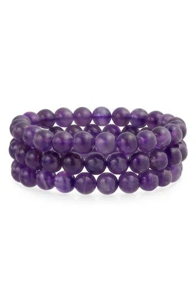 Bling Jewelry Set Of 3 Semiprecious Stone Beaded Stretch Bracelets In Purple