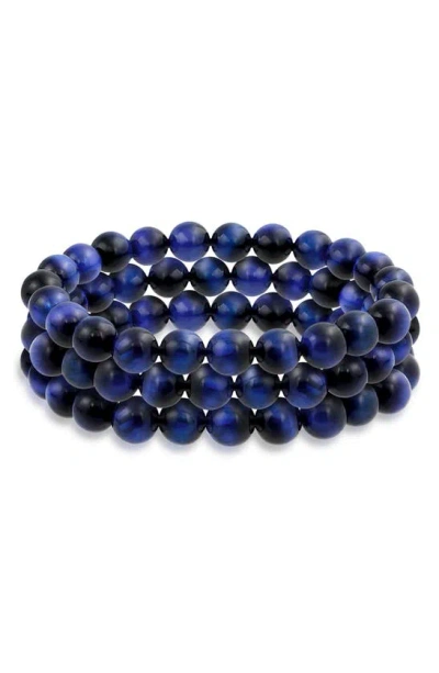 Bling Jewelry Set Of 3 Semiprecious Stone Beaded Stretch Bracelets In Blue Tigers Eye