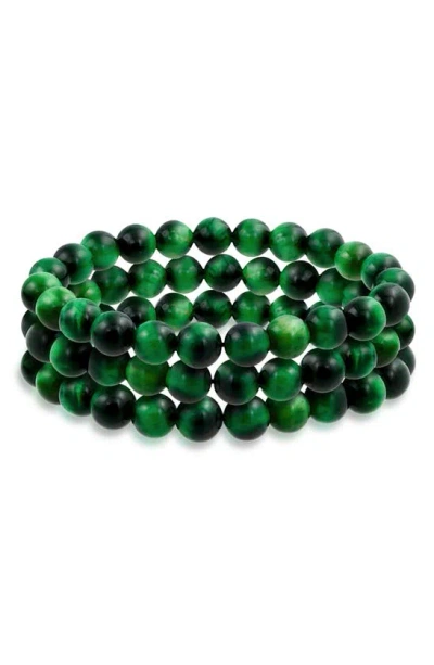 Bling Jewelry Set Of 3 Semiprecious Stone Beaded Stretch Bracelets In Green Tigers Eye