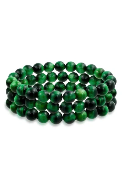 Bling Jewelry Set Of 3 Semiprecious Stone Beaded Stretch Bracelets In Green