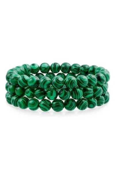 Bling Jewelry Set Of 3 Semiprecious Stone Beaded Stretch Bracelets In Malachite