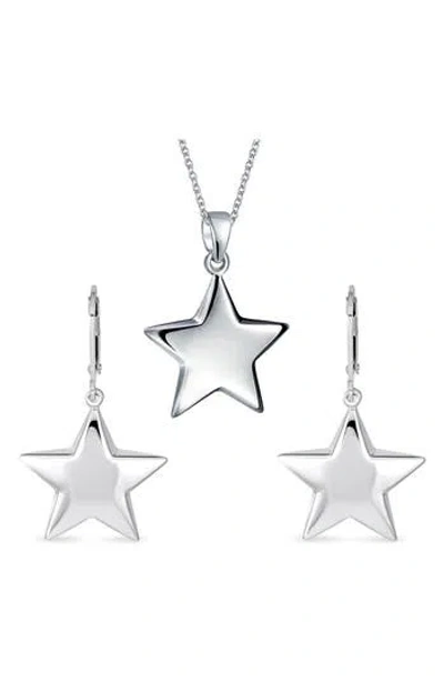 Bling Jewelry Stainless Steel Puff Star Earrings & Necklace Set In Silver